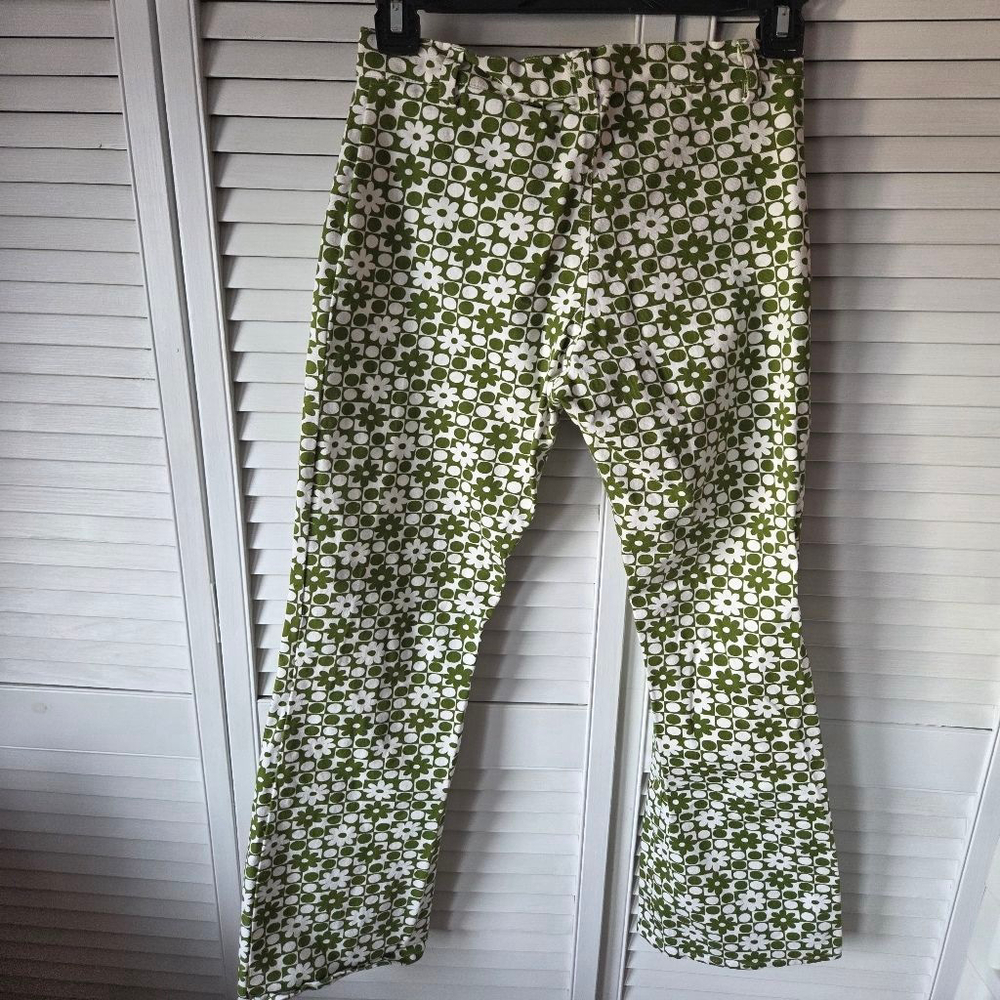 Motel Denim handmade cotton stretchy wide leg green and white flower pants - Picture 6 of 11
